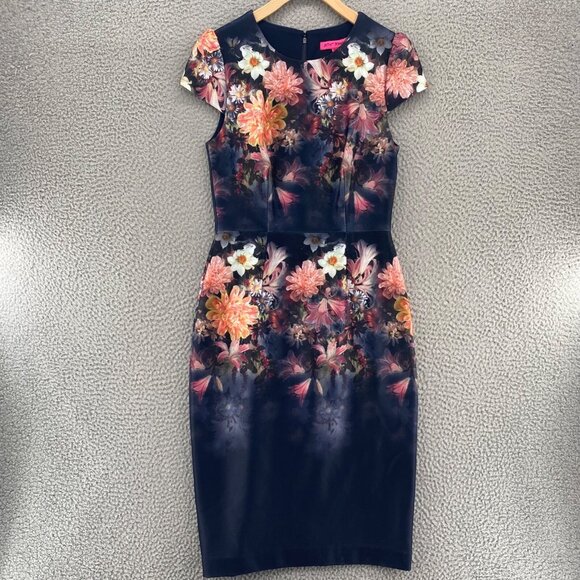 Betsey Johnson Dresses & Skirts - Betsey Johnson Dress Womens 4 Navy Multi Floral Sheath Scuba Career Cap Sleeve